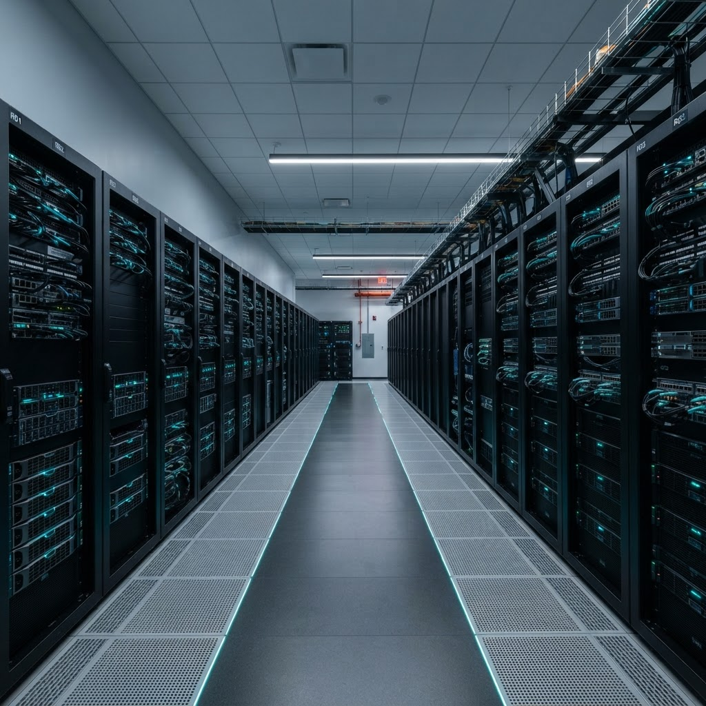 Enterprise data center with rows of server racks